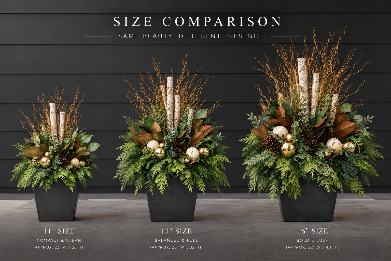 Side-by-side comparison of the 11-inch, 13-inch and 16-inch fresh evergreen inserts, from compact to bold