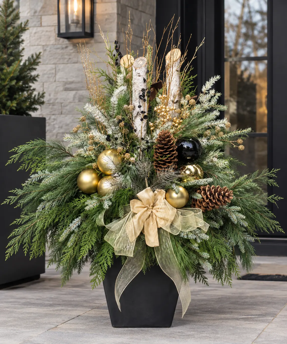 Elegant Gold & Black fresh evergreen holiday arrangement in a black urn
