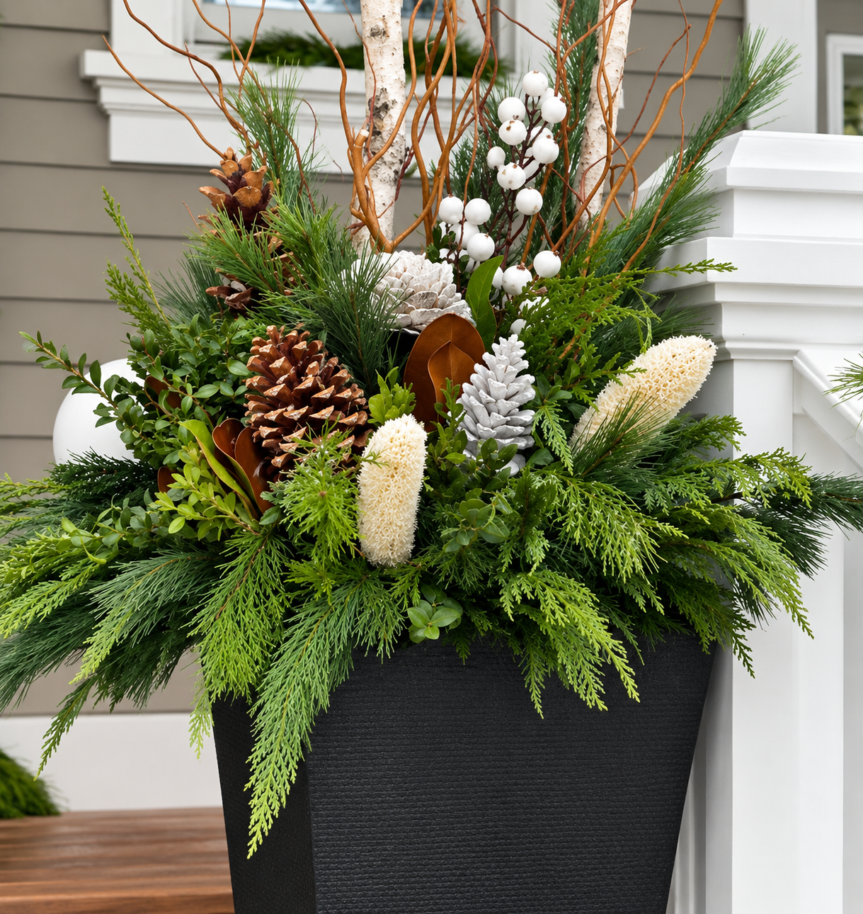 Porch Delights original handcrafted evergreen insert with birch, pinecones and magnolia
