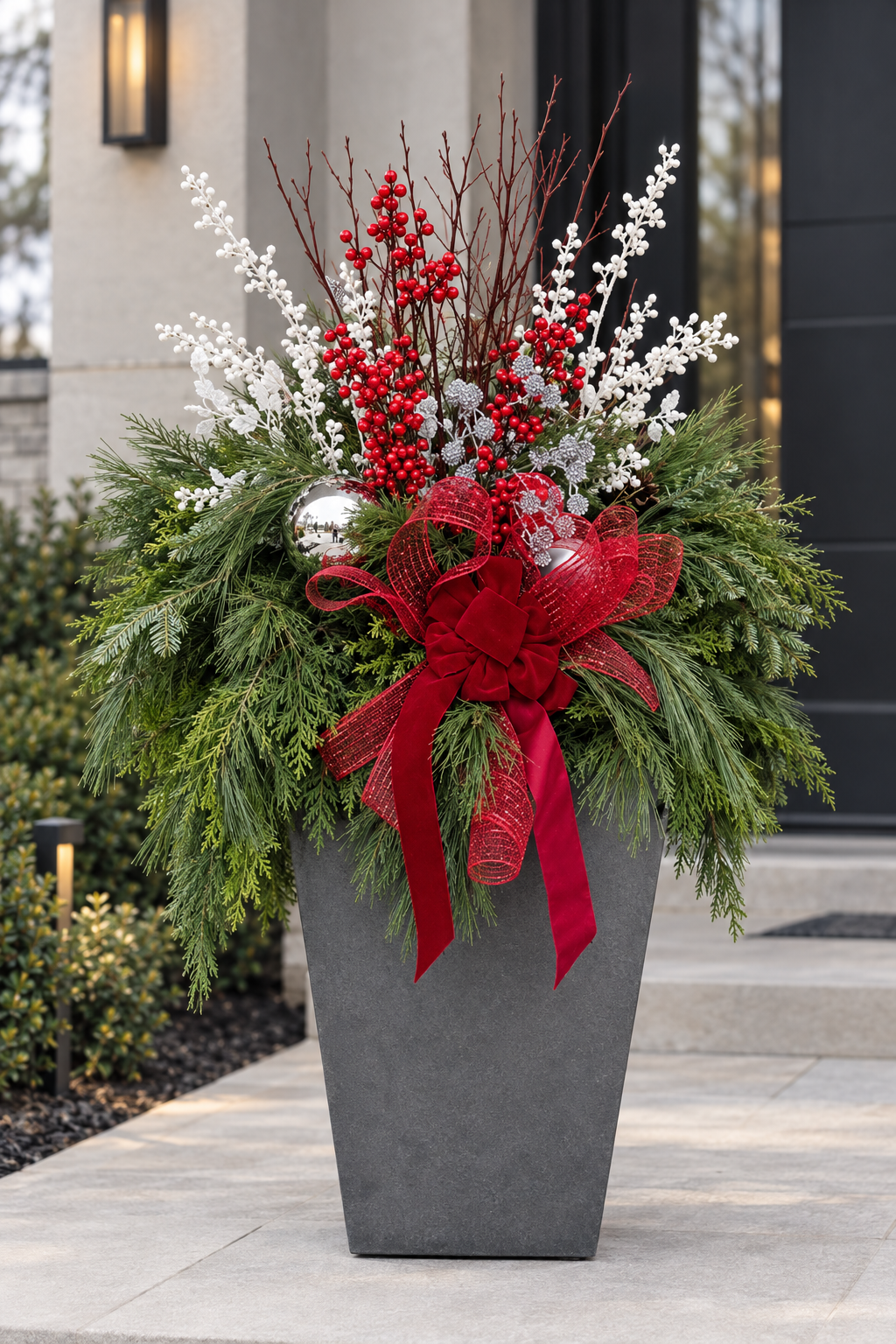 Classic Red fresh evergreen holiday arrangement in a black urn