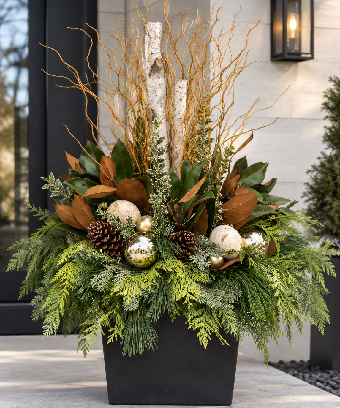 Classic Greenery & Magnolia fresh evergreen holiday arrangement in a black urn